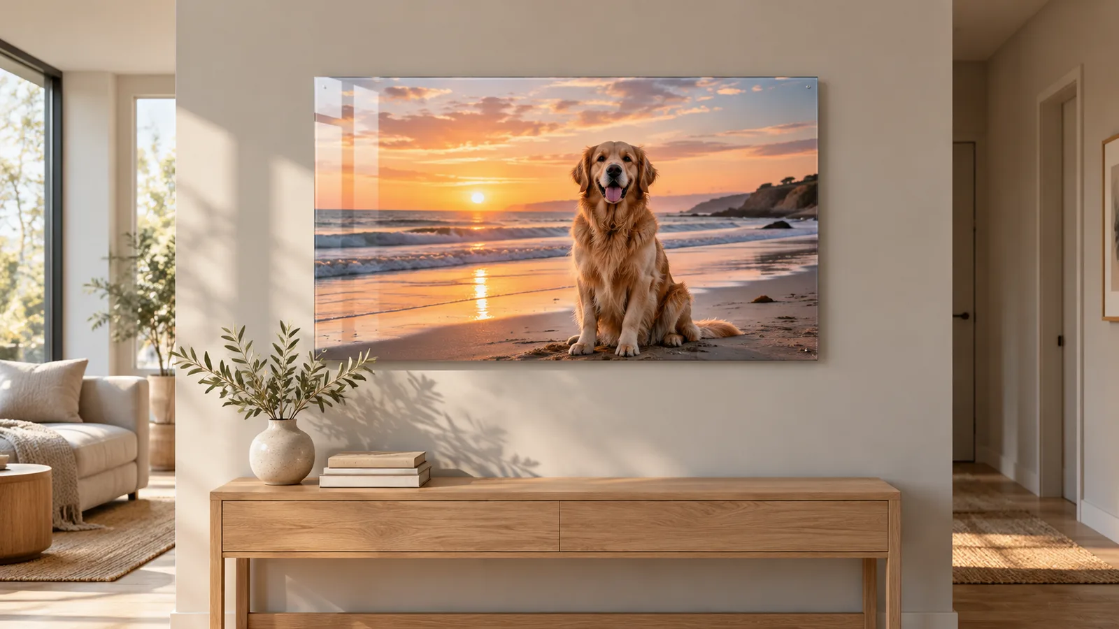 Konsolun üstüne asılmış, sahilde oturan golden retriever fotoğrafının basıldığı yatay cam tablo