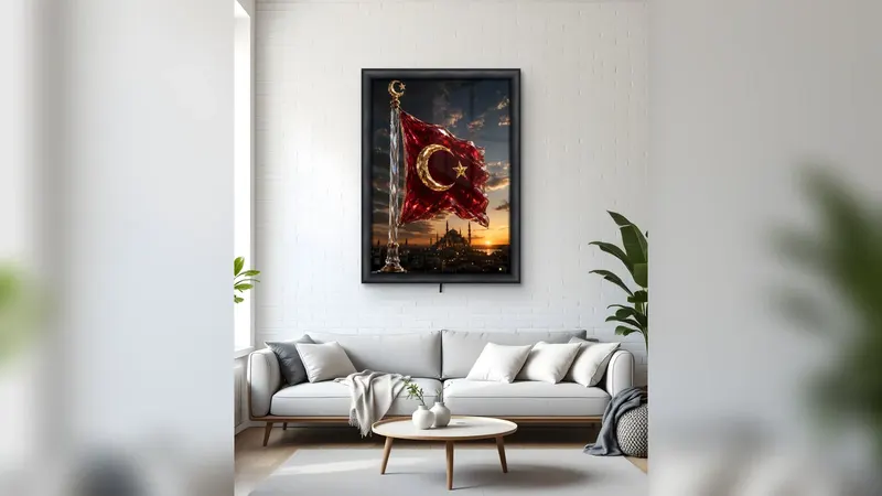 Beyaz salonda kanepenin üstüne asılmış, Türk bayrağı ve cami silüeti görseli taşıyan siyah çerçeveli ışıklı cam tablo