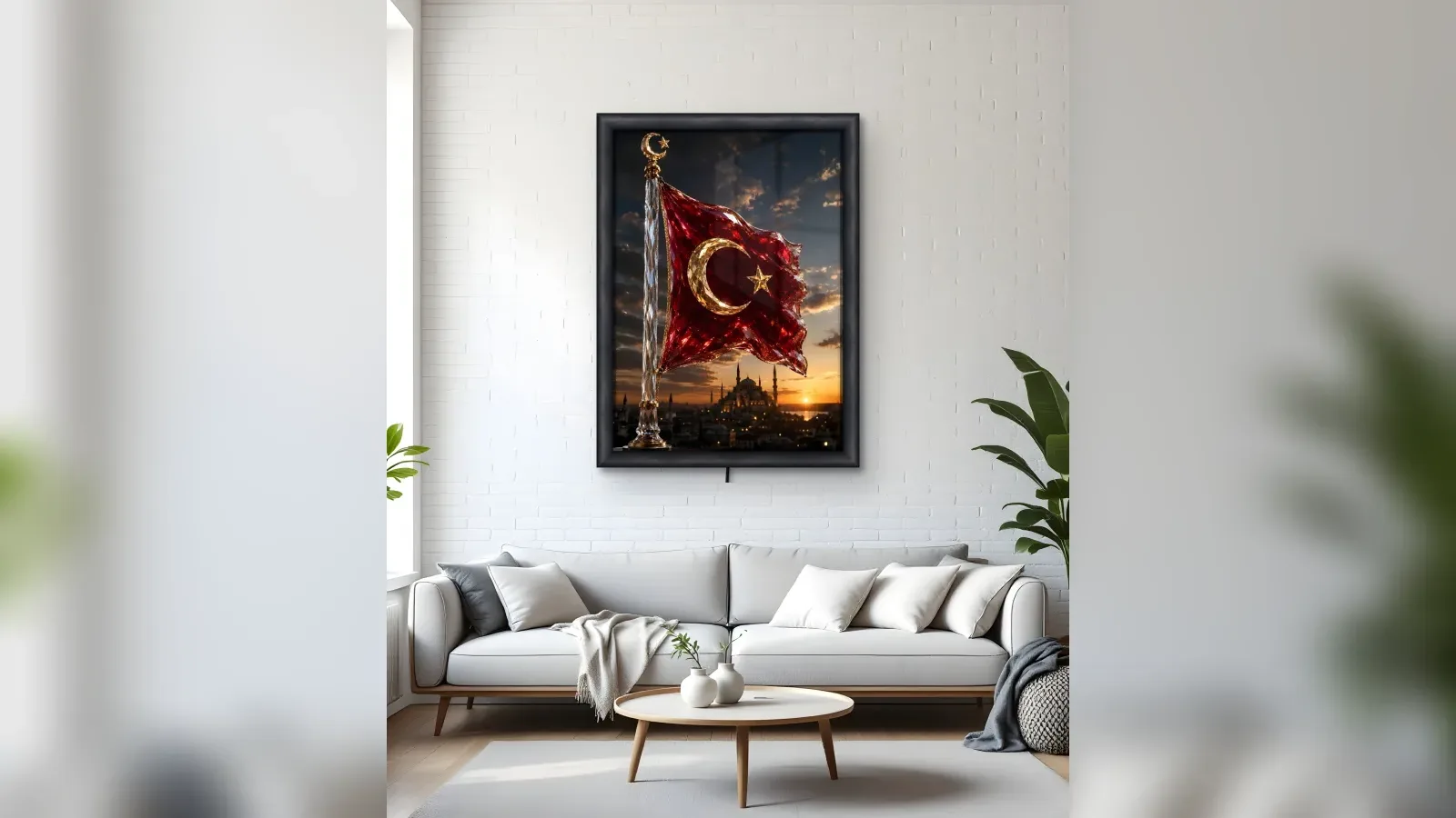 Beyaz salonda kanepenin üstüne asılmış, Türk bayrağı ve cami silüeti görseli taşıyan siyah çerçeveli ışıklı cam tablo