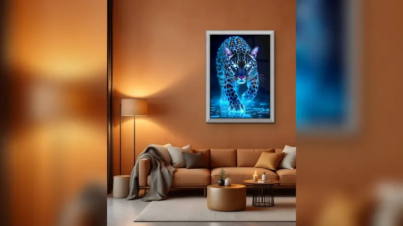 Turuncu duvarlı oturma odasında deri kanepenin üstündeki, mavi neon jaguar görselli ışıklı cam tablo
