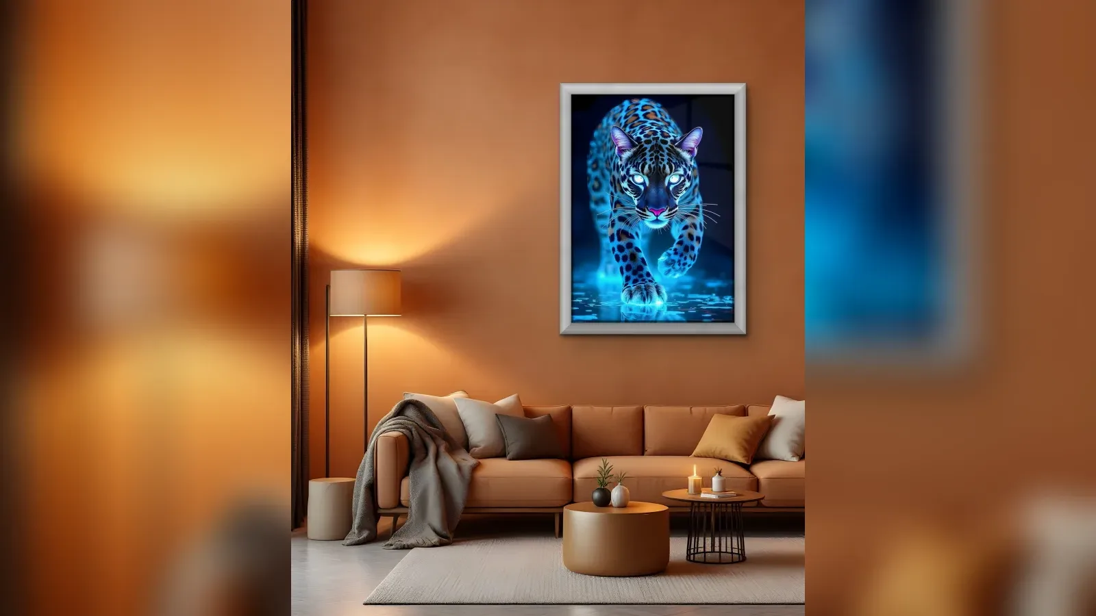 Turuncu duvarlı oturma odasında deri kanepenin üstündeki, mavi neon jaguar görselli ışıklı cam tablo