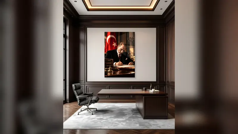 Koyu ahşap panelli bir ofiste çalışma masasının arkasındaki duvara asılmış, Türk bayrağı ve Atatürk portreli cam tablo