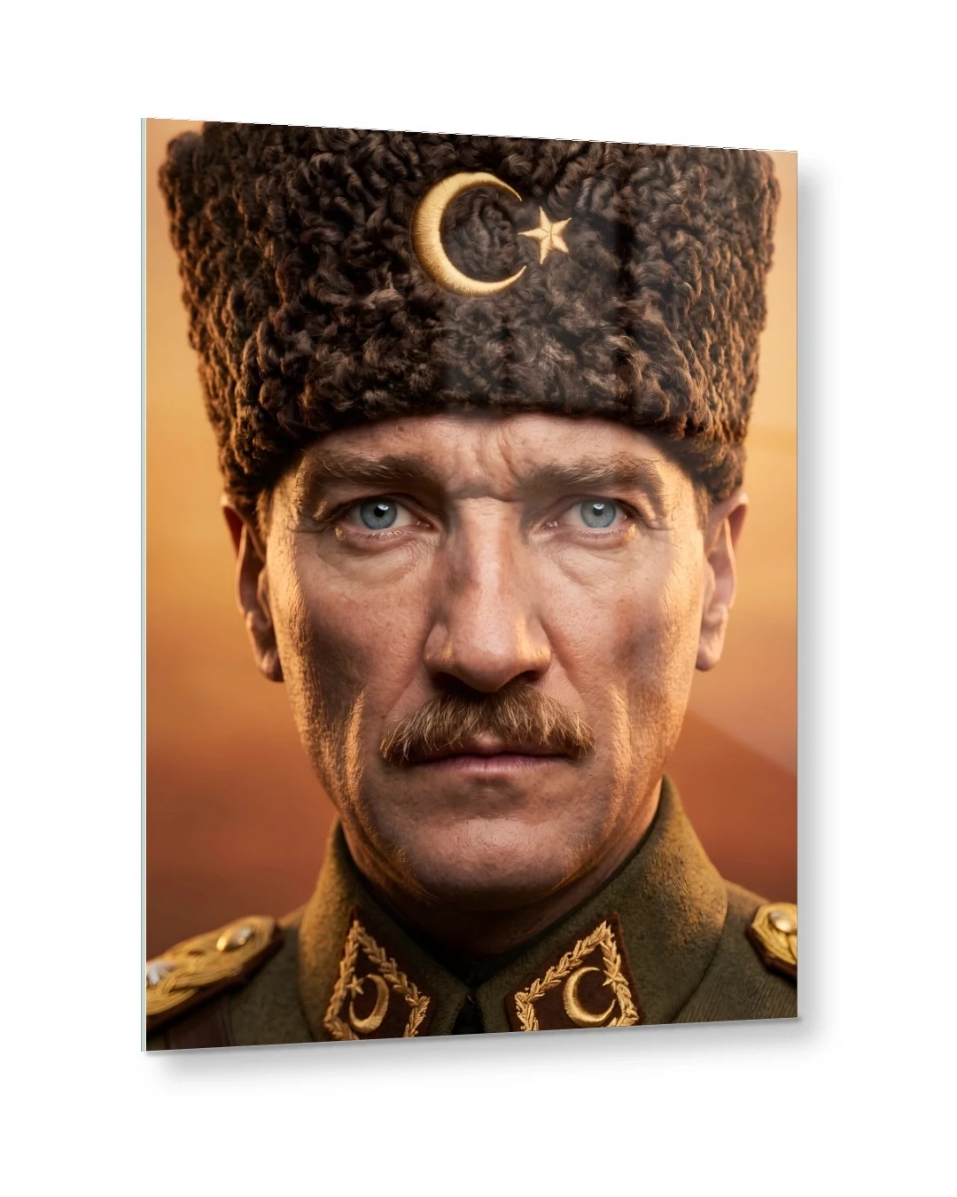 Kalpaklı Atatürk Portresi Altın Tonlu Cam Tablo
