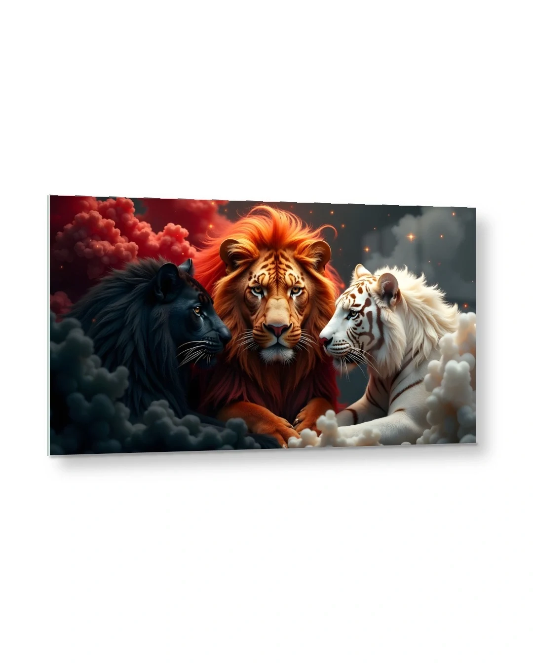 Siyah Kızıl ve Beyaz Üç Aslan Cam Tablo