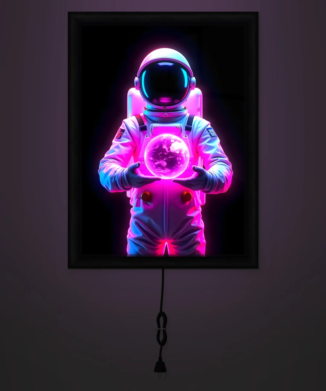 Neon Astronot ve Dünya Işıklı Cam Tablo