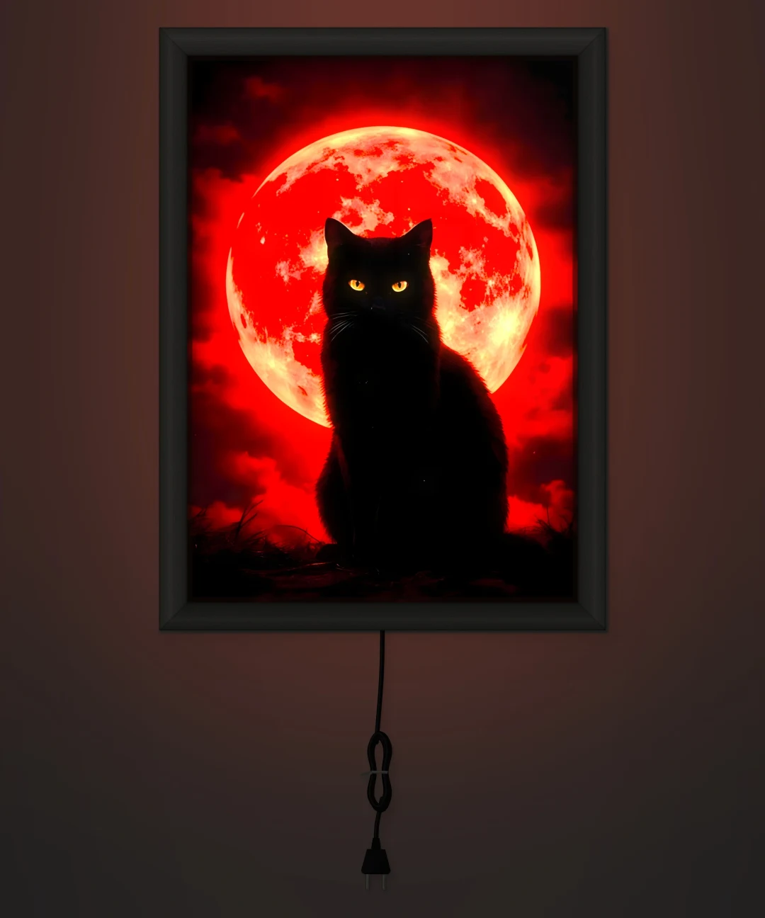 Kızıl Ay ve Kara Kedi Işıklı Cam Tablo