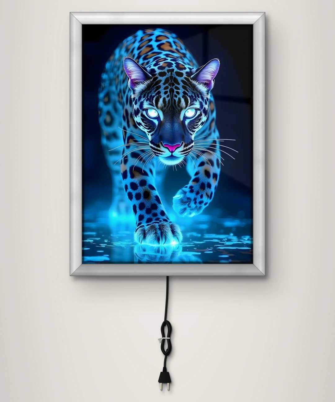 Neon Mavi Jaguar Işıklı Cam Tablo