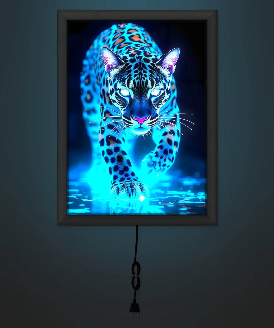 Neon Mavi Jaguar Işıklı Cam Tablo