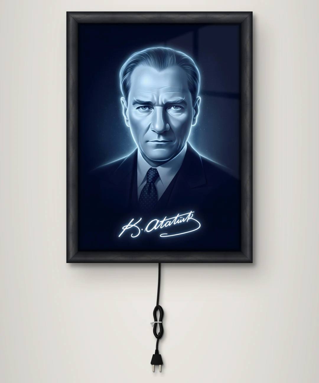 Mavi Tonlu Atatürk Portresi Işıklı Cam Tablo