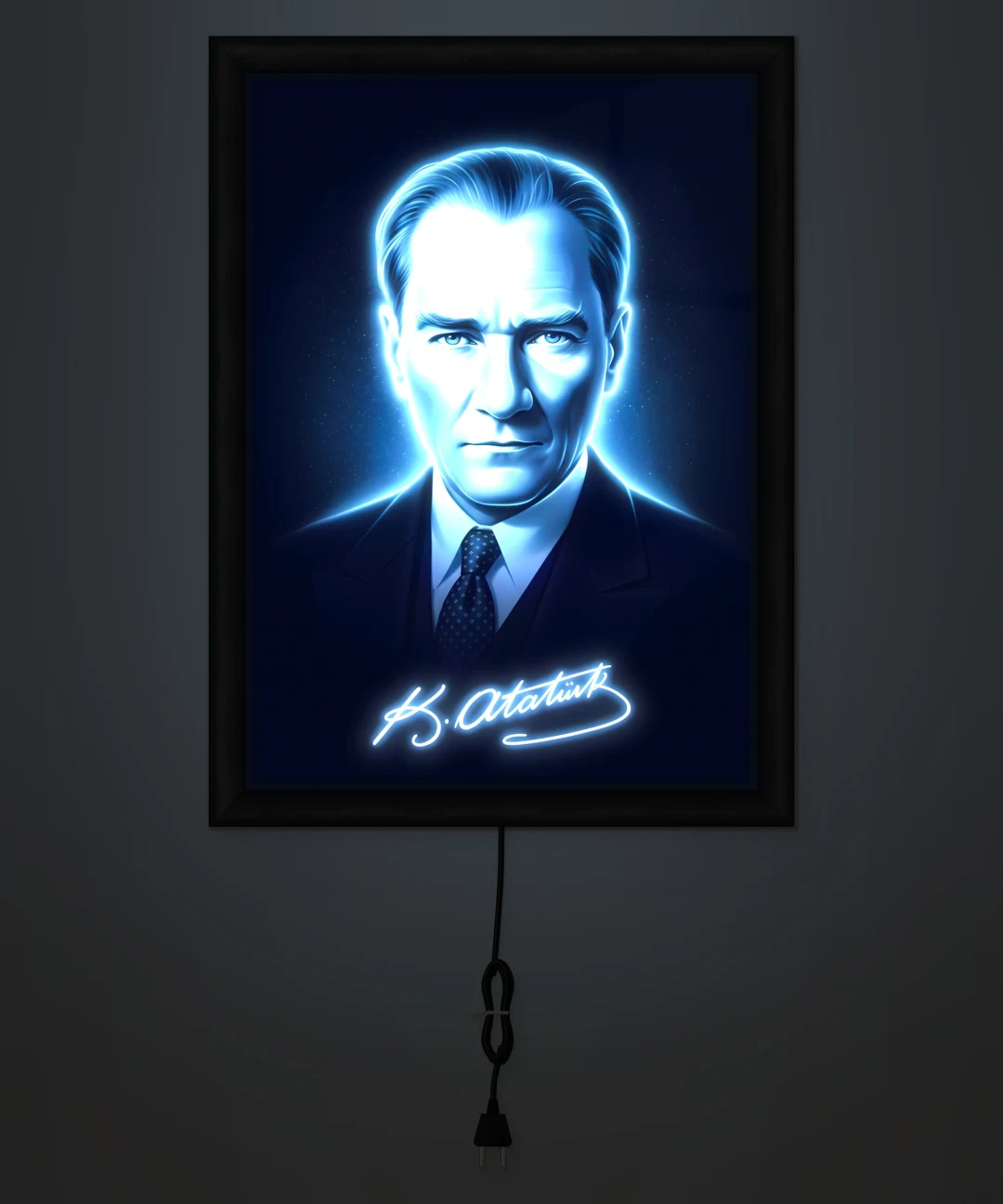 Mavi Tonlu Atatürk Portresi Işıklı Cam Tablo