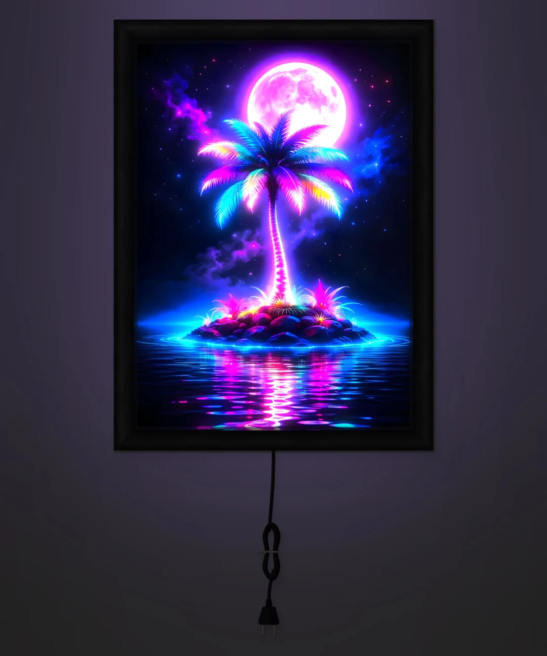 Neon Palmiye ve Dolunay Işıklı Cam Tablo