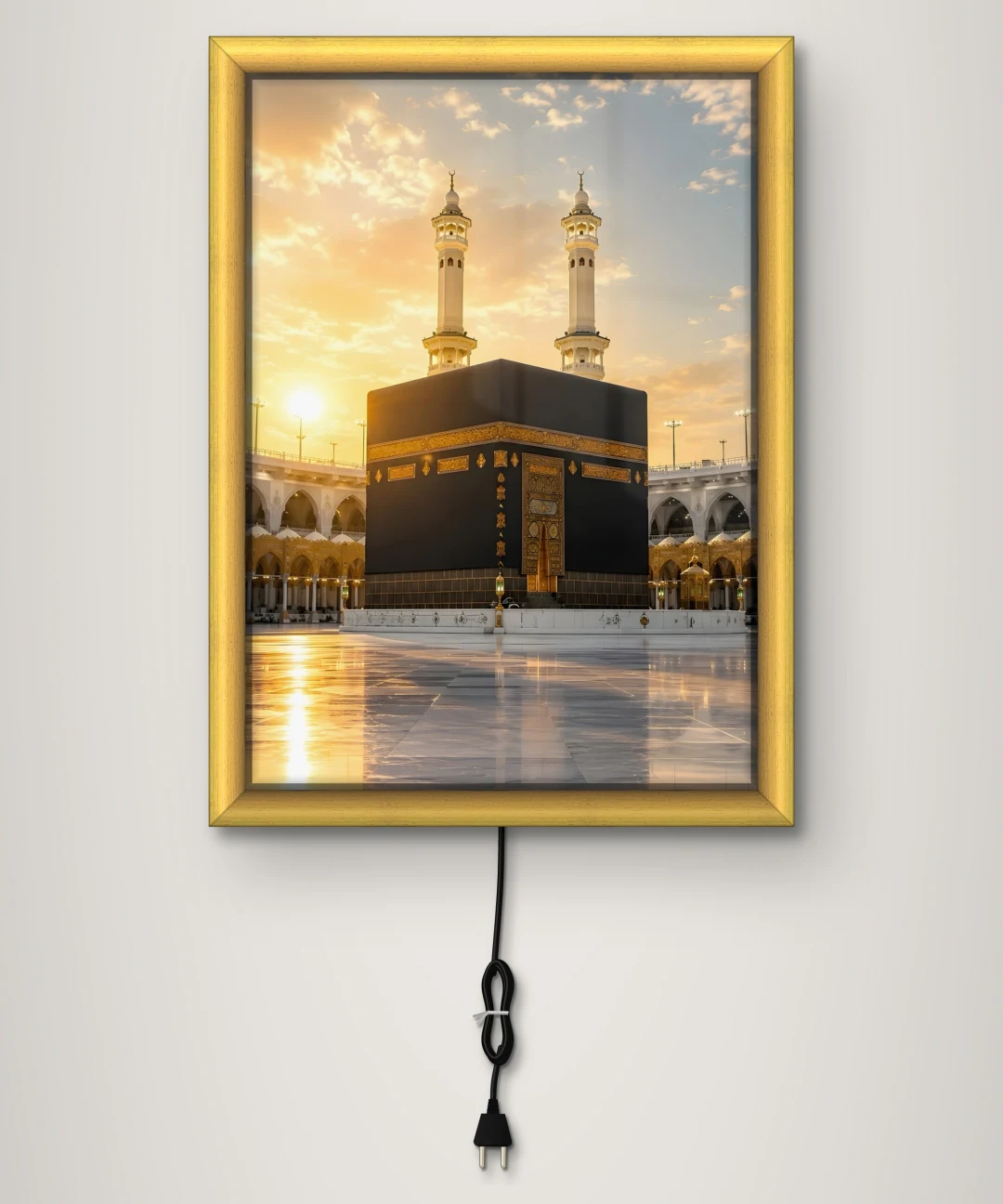 Gün Batımında Kabe Işıklı Cam Tablo