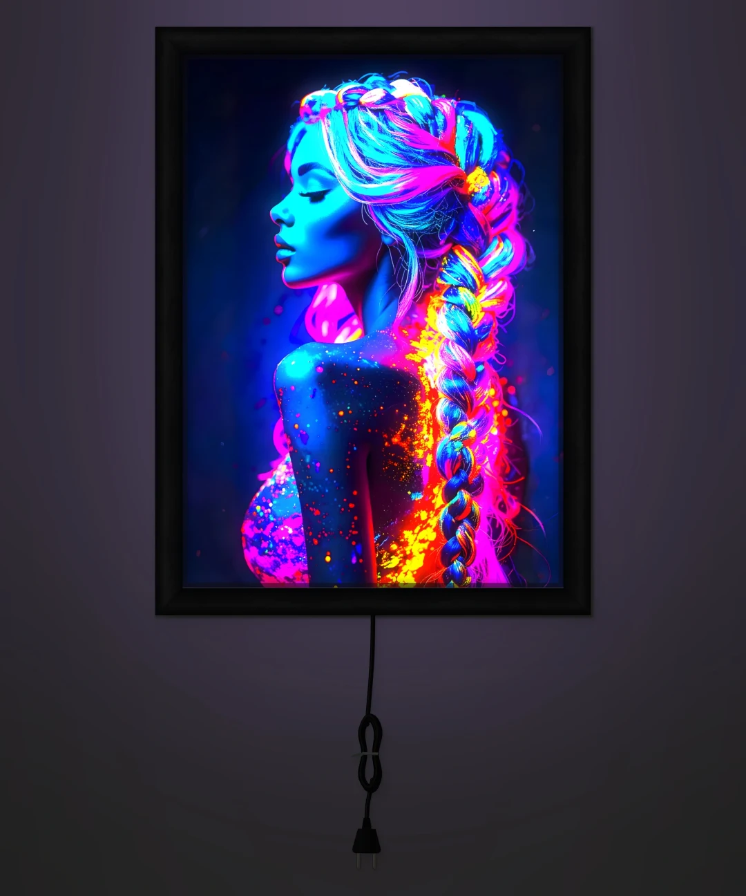 Neon Örgülü Saç Kadın Figürü Işıklı Cam Tablo