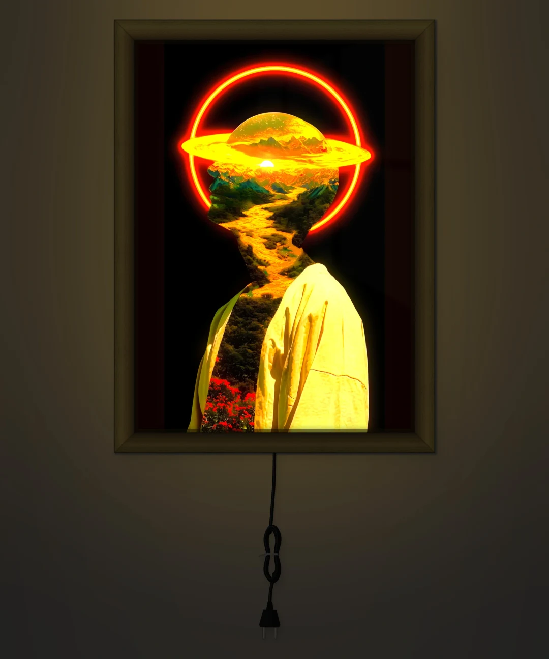 Halkalı Gezegen ve Doğa Siluet Işıklı Cam Tablo