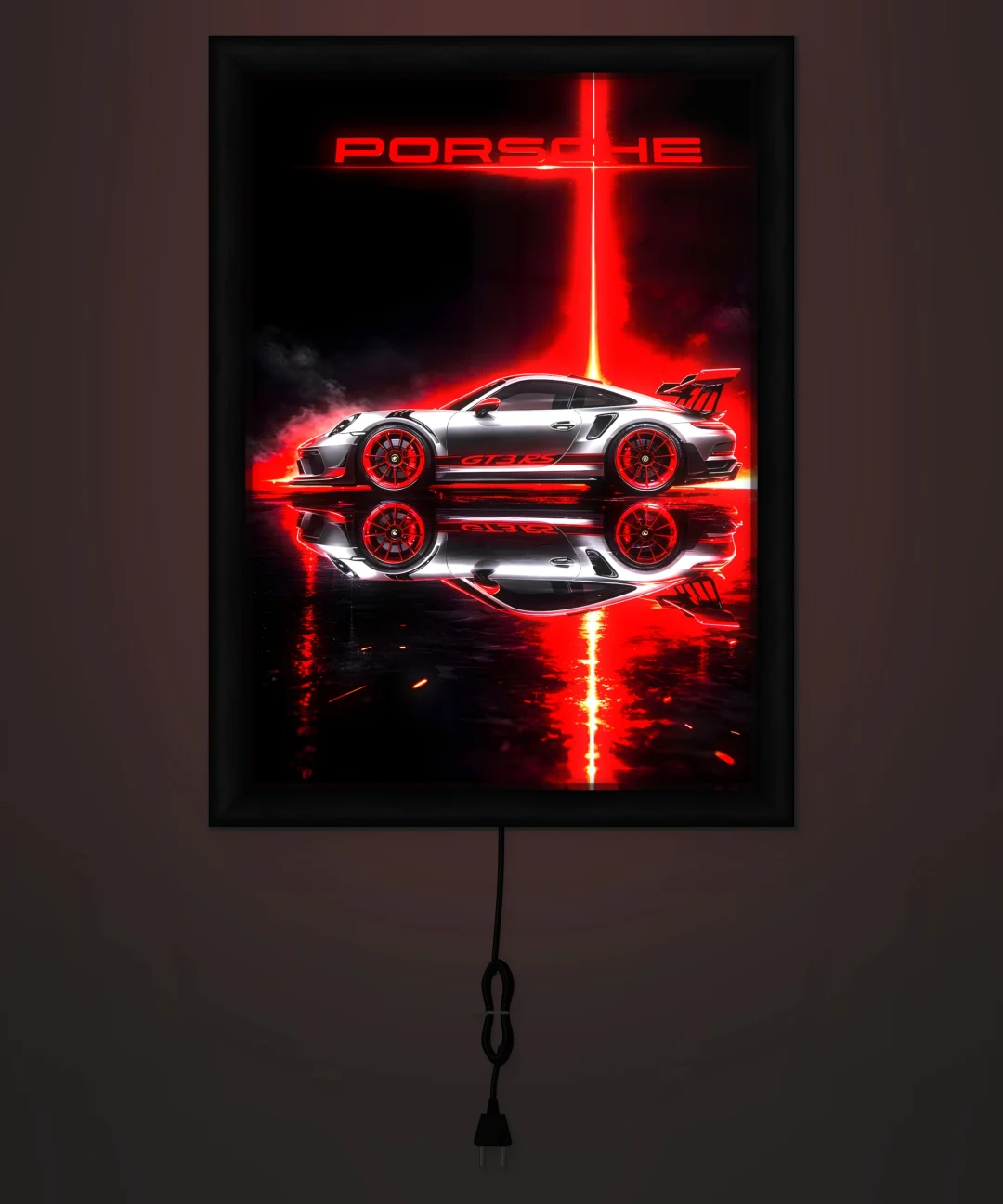 Porsche 911 GT3 RS Kırmızı Neon Işıklı Cam Tablo