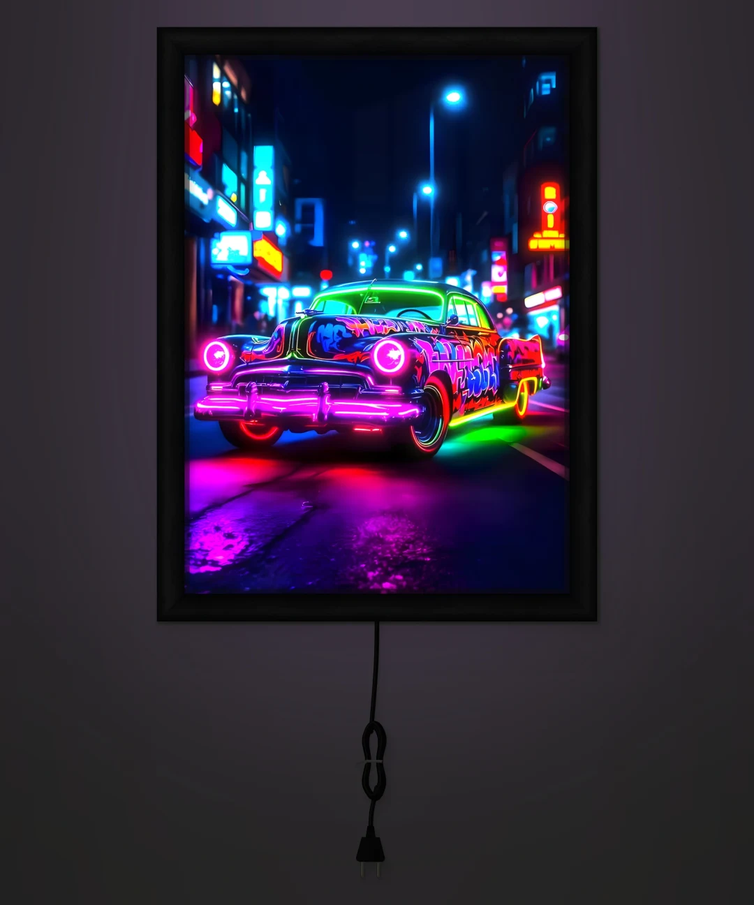 Neon Grafitili Klasik Araba Işıklı Cam Tablo