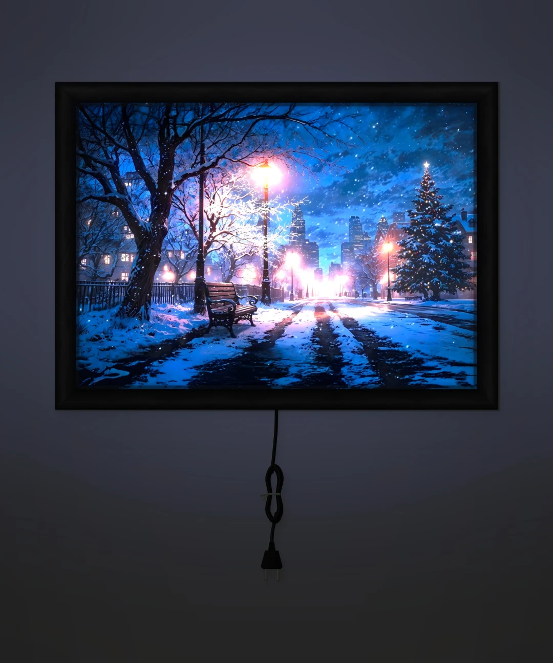 Karlı Şehir Parkı Gece Işıklı Cam Tablo