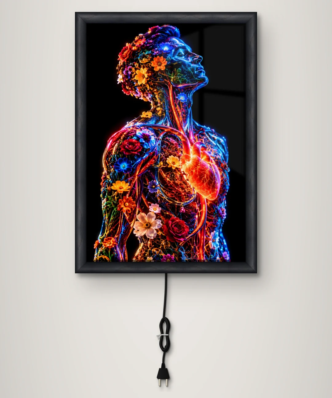 Çiçekli Neon İnsan Anatomisi Işıklı Cam Tablo