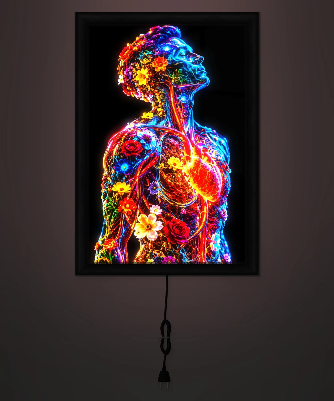 Çiçekli Neon İnsan Anatomisi Işıklı Cam Tablo