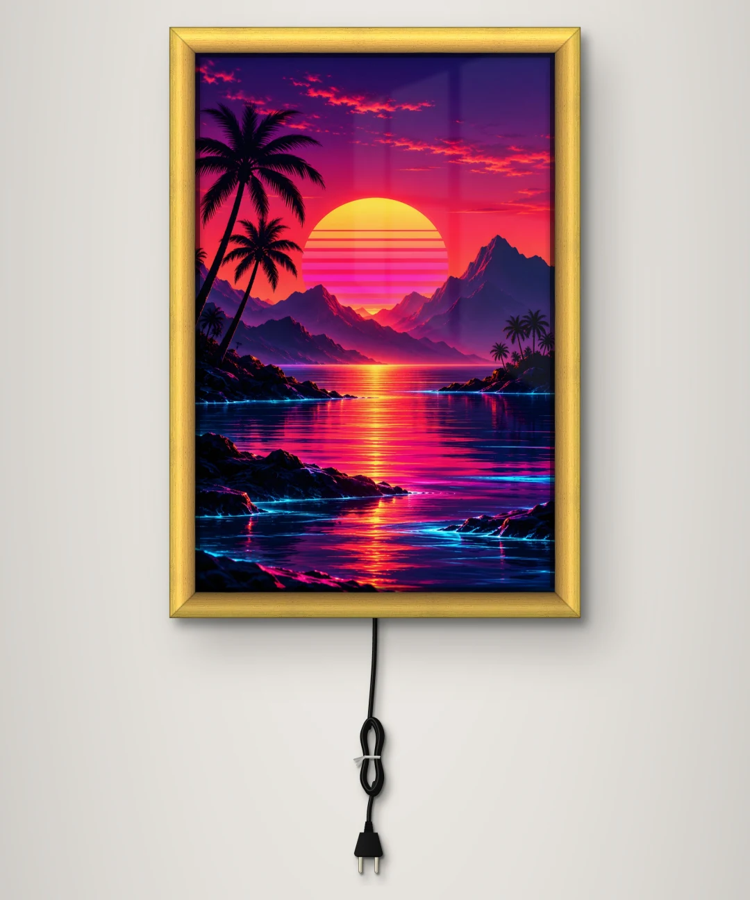 Retro Synthwave Gün Batımı Işıklı Cam Tablo