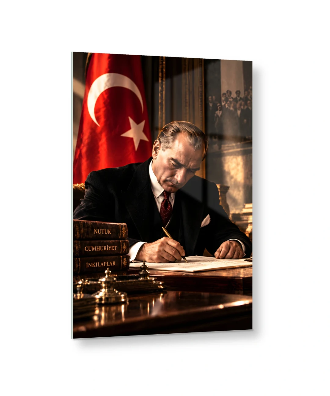 Altın Tonlu Atatürk Çalışma Portresi Cam Tablo