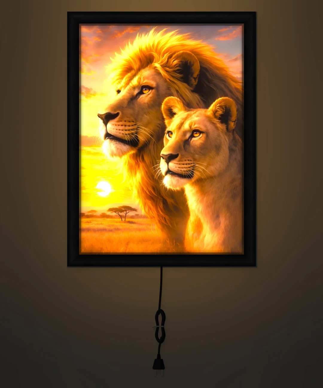 Aslan ve Dişi Aslan Gün Batımı Işıklı Cam Tablo