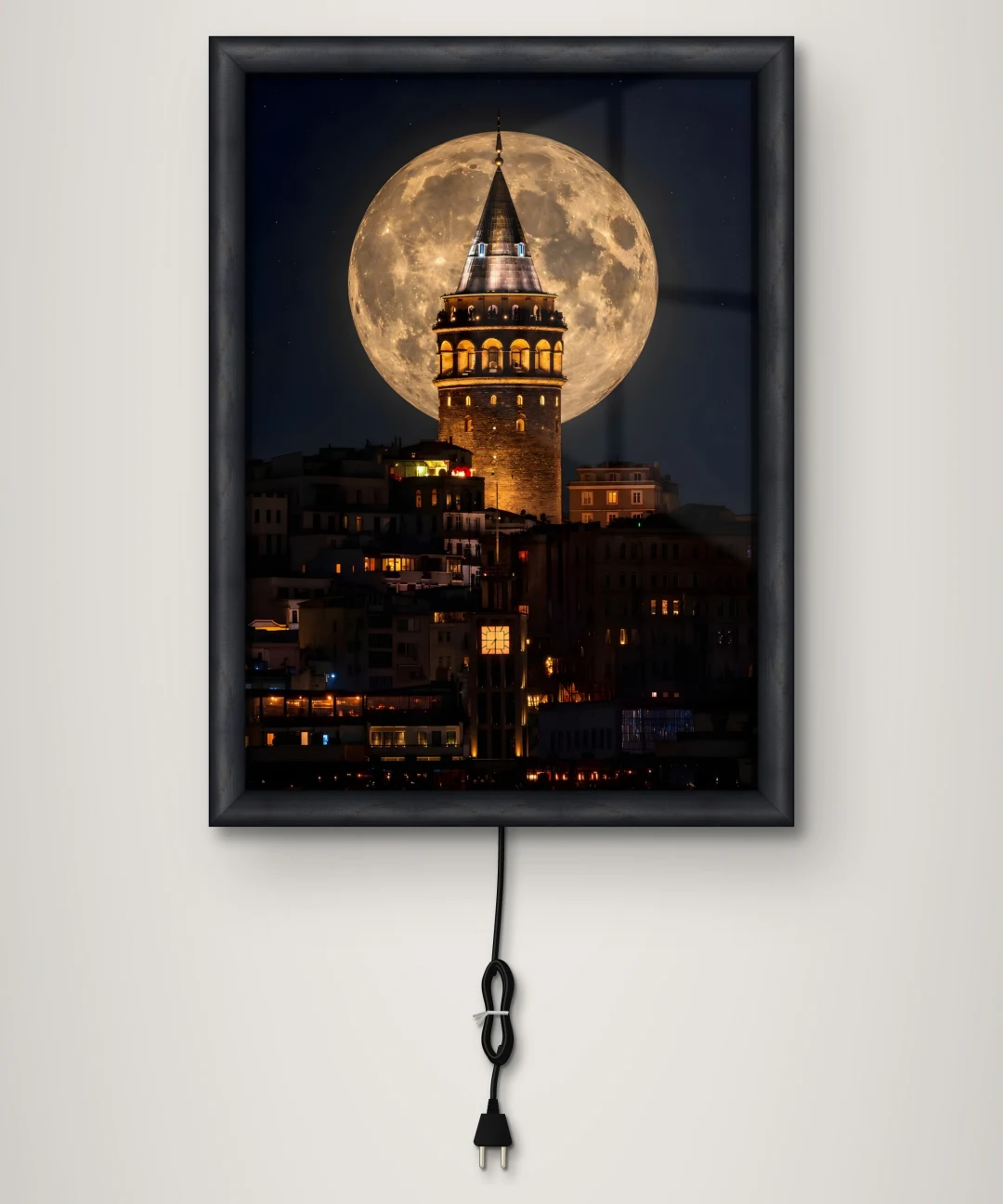 Dolunayda Galata Kulesi Işıklı Cam Tablo