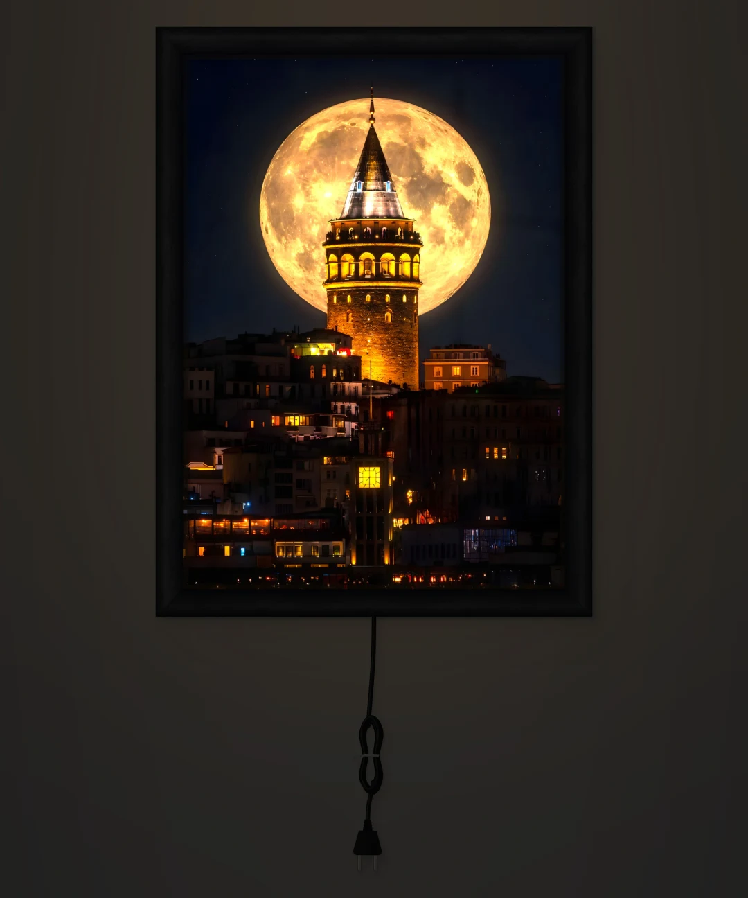 Dolunayda Galata Kulesi Işıklı Cam Tablo
