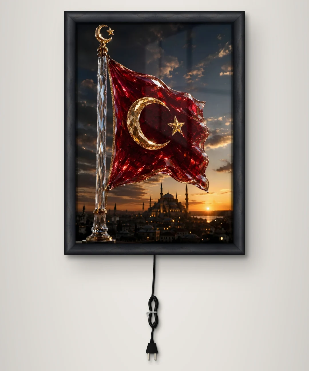 Kristal Türk Bayrağı ve Cami Işıklı Cam Tablo