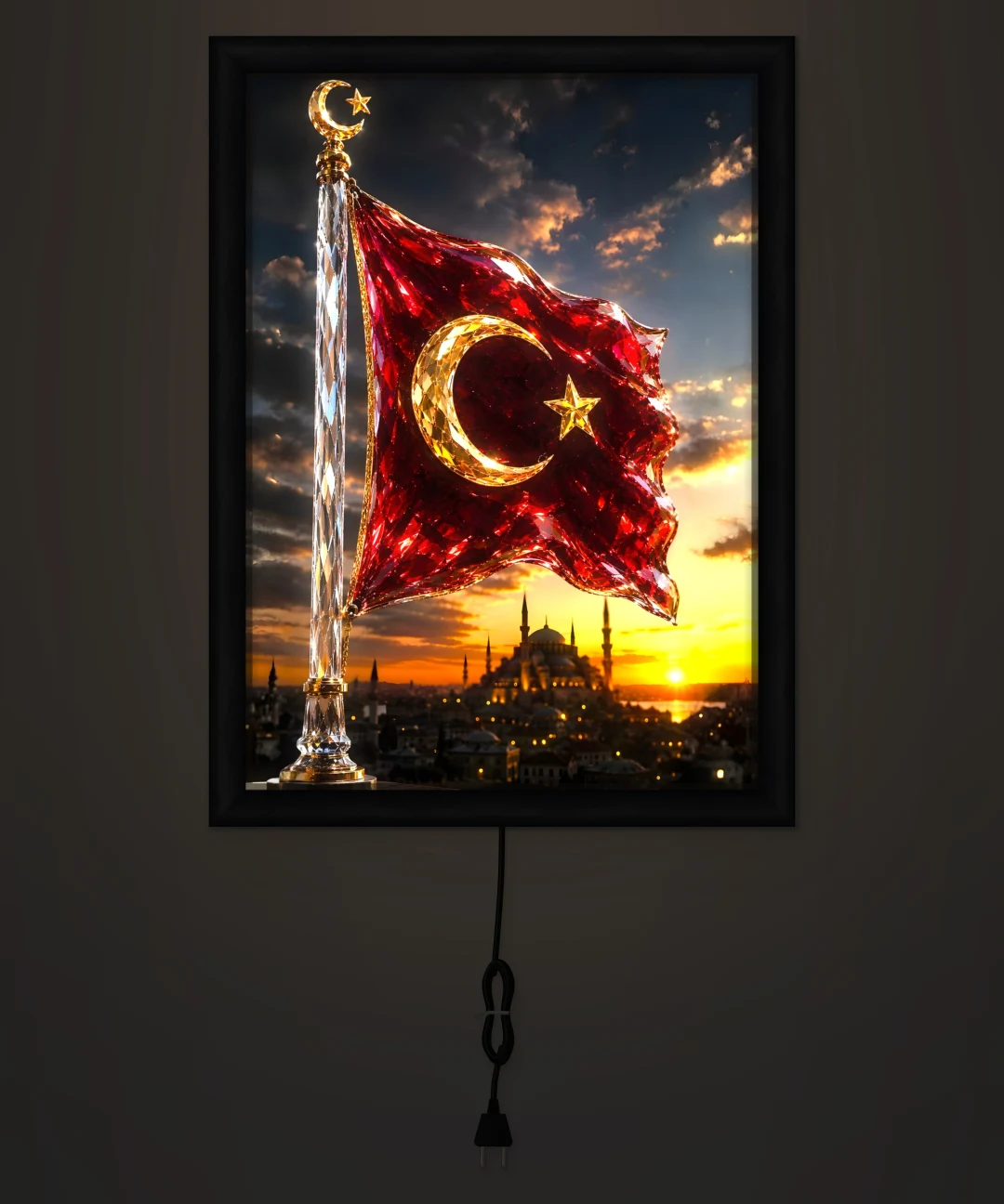 Kristal Türk Bayrağı ve Cami Işıklı Cam Tablo
